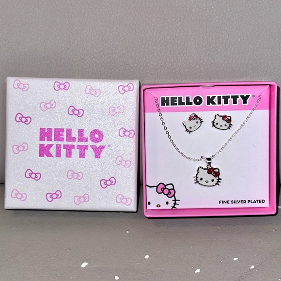 Sanrio Hello Kitty Brass Silver Plate Crystal Necklace and Earrings Set - Picture 1 of 5
